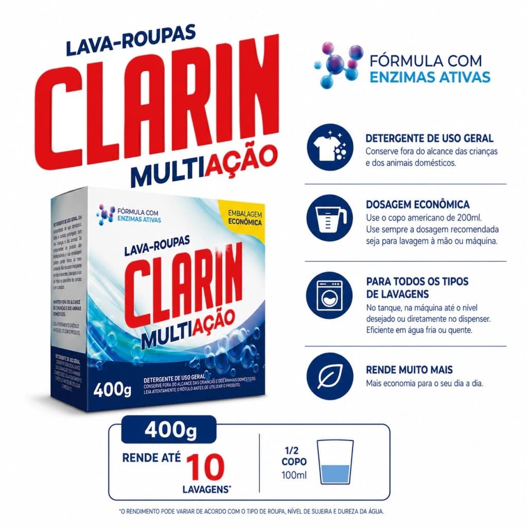 Sabão em Pó Clarin Multiação 400g Lava Roupas Com Enzimas Ativas Embalagem Econômica