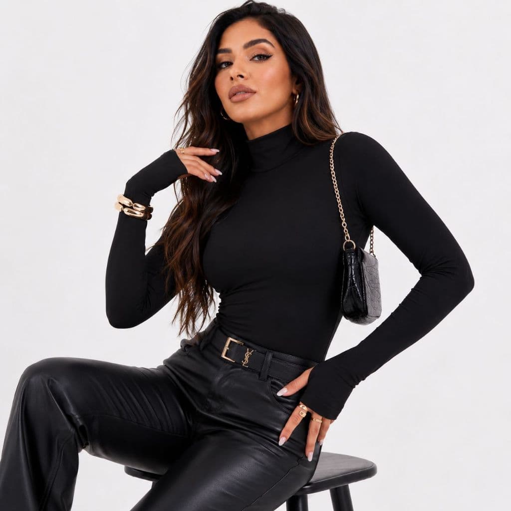 Body Feminino Manga Longa Gola Alta Suplex Modelador Elegante Inverno dedeira polegar