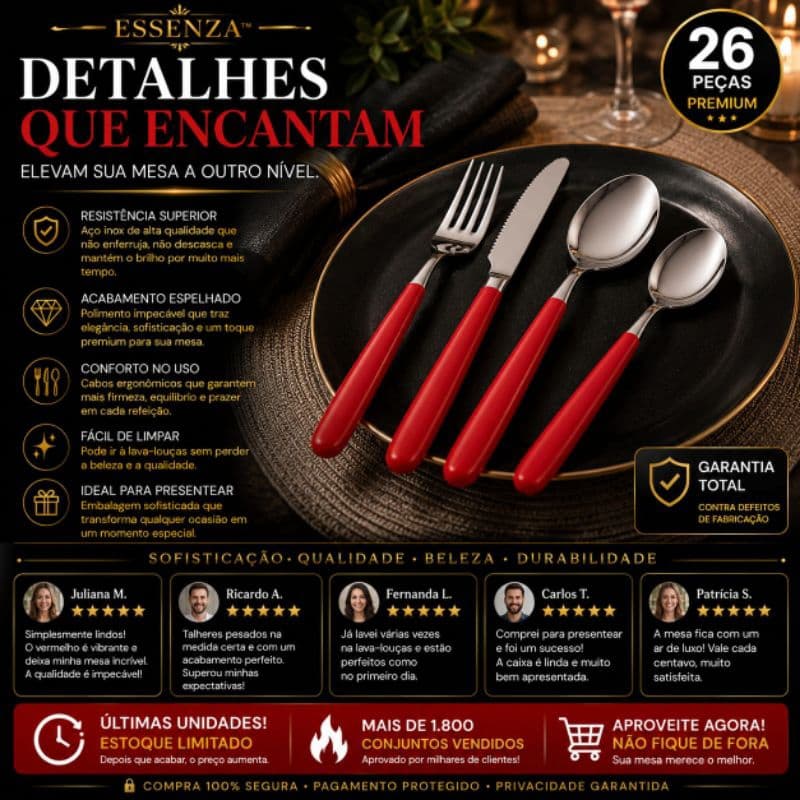 Essenza™ Conjunto Talheres 26 Peças Aço Inox Premium Vermelho Luxo