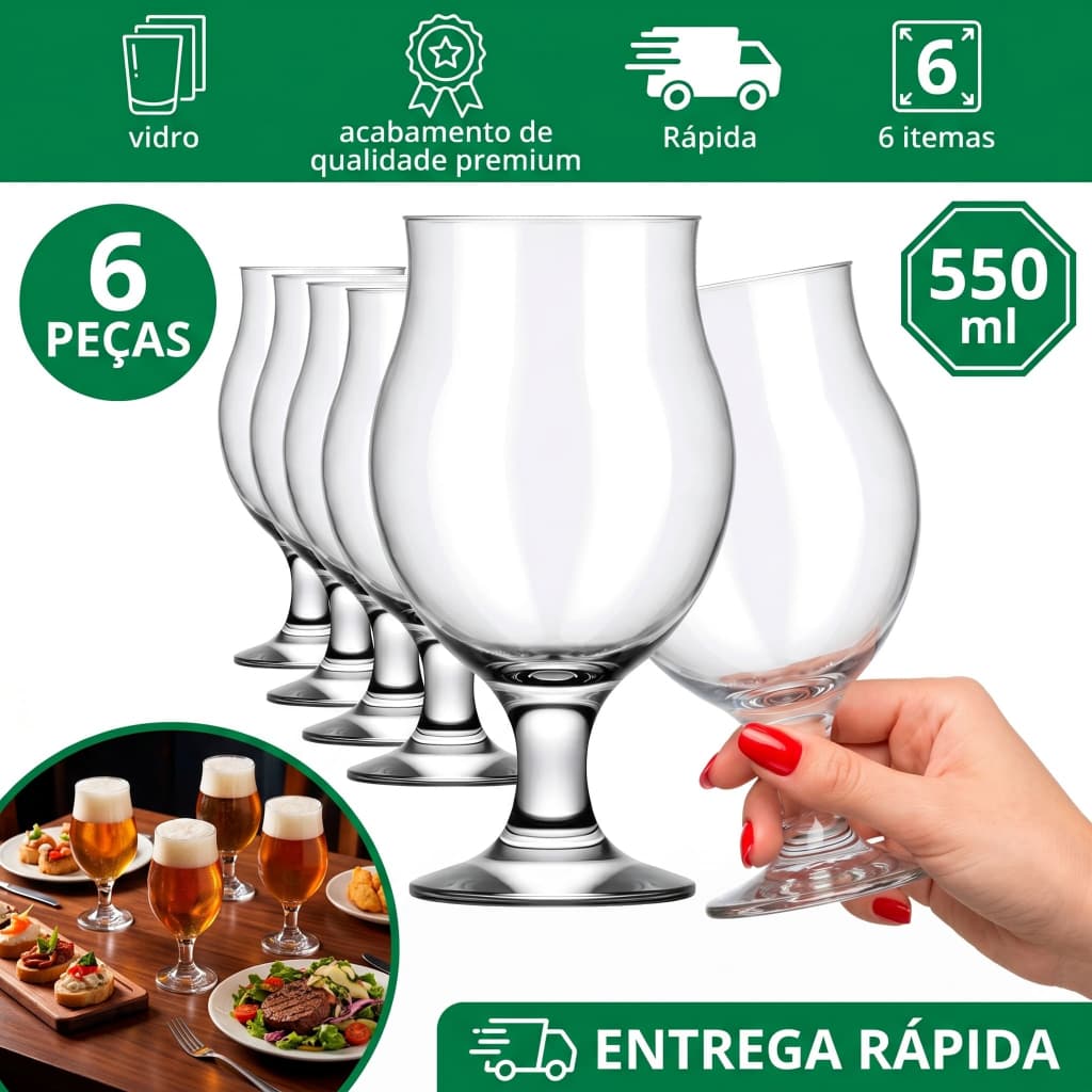 Kit Jogo de 6 Taças de Vidro Transparente Denver Nadir para Cerveja 550 ml Pronta Entrega
