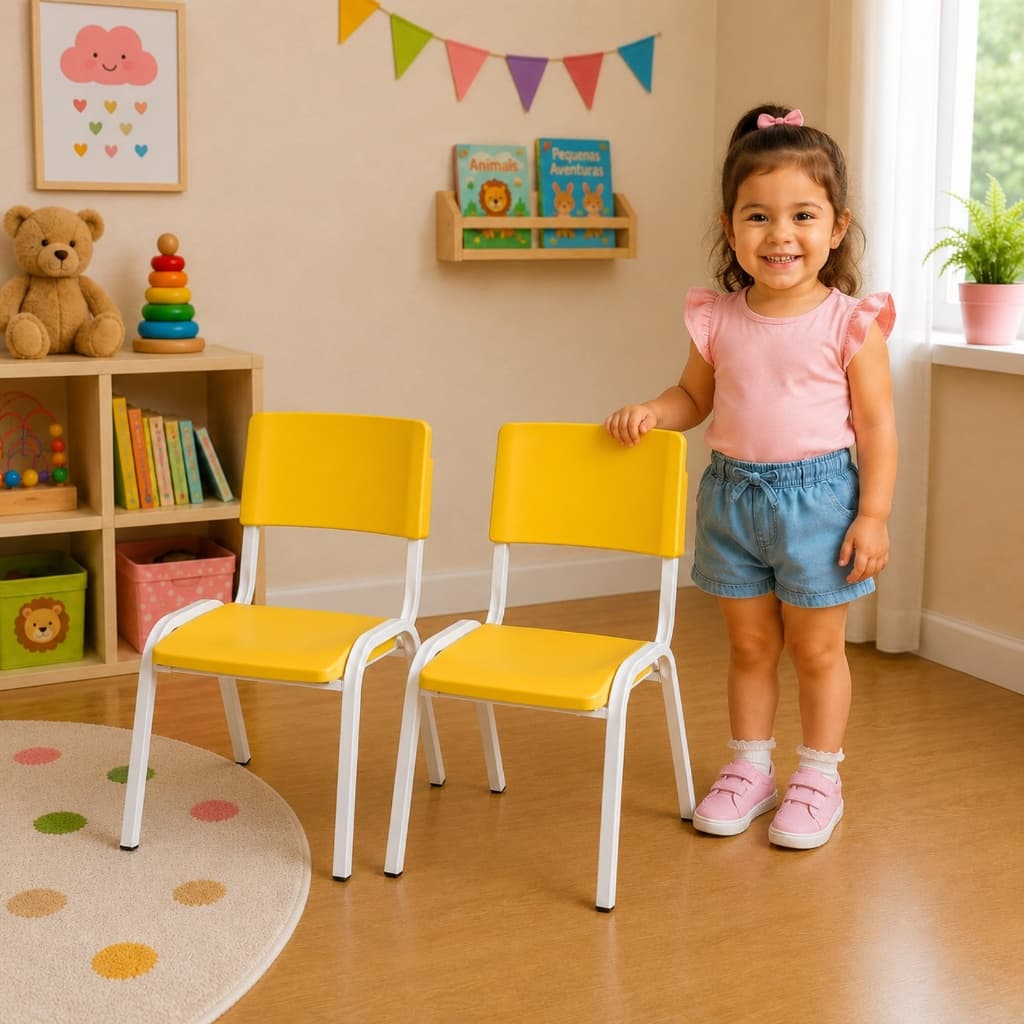 2 Cadeiras ISO Infantil Branca Empilhável – Estrutura Fixa em Aço para Escola e Brinquedoteca