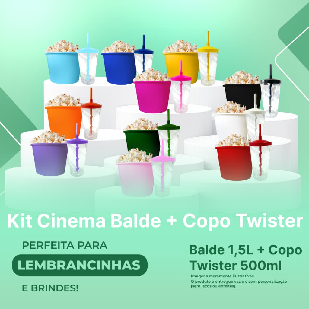 Kit Cinema 20 Balde 1,5L Pipoca + 20 Copo Twister 500ml - Transparente