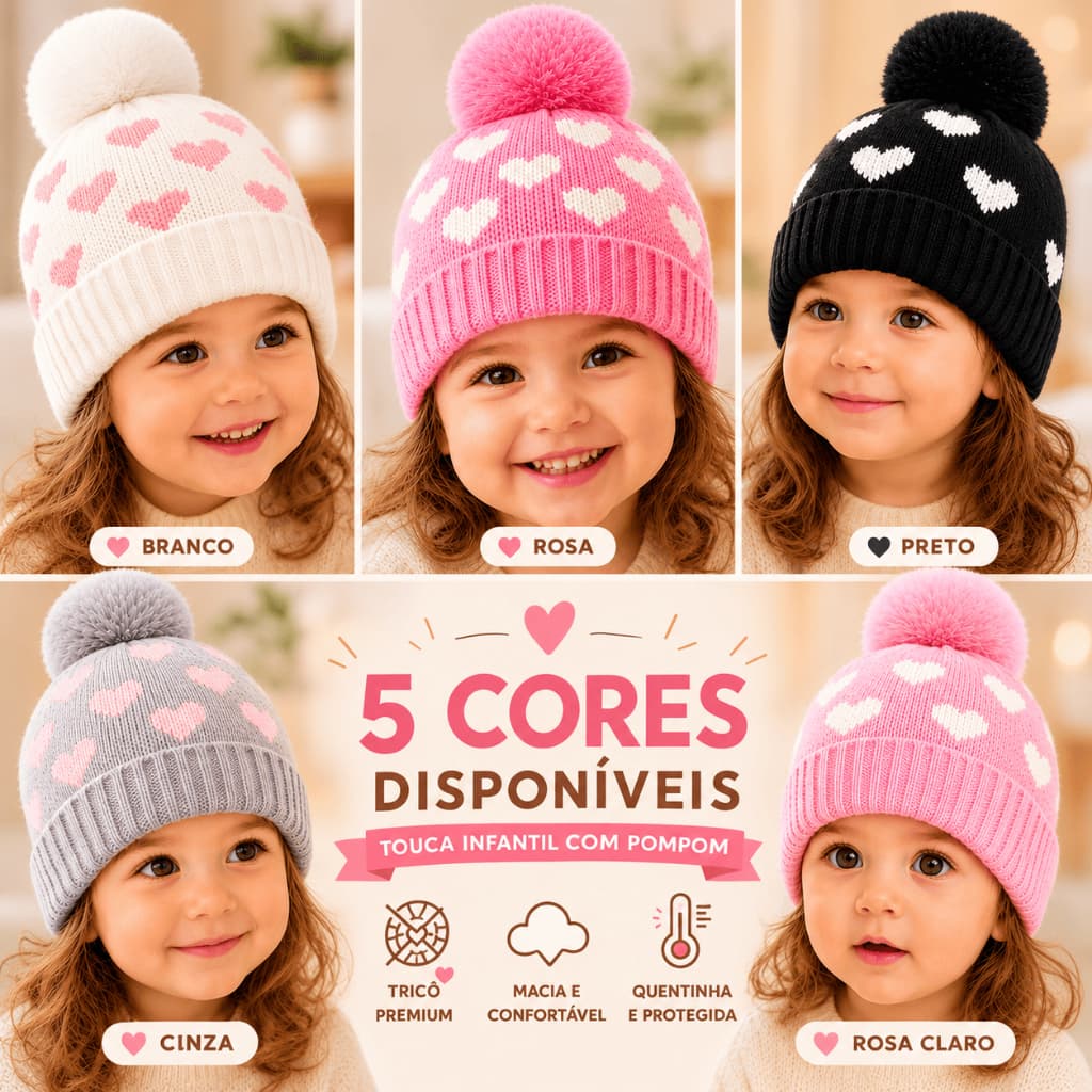 Touca De Frio Menina 1 A 4 Anos Gorro Bebê Coração Forrado De Inverno Macio Quentinho