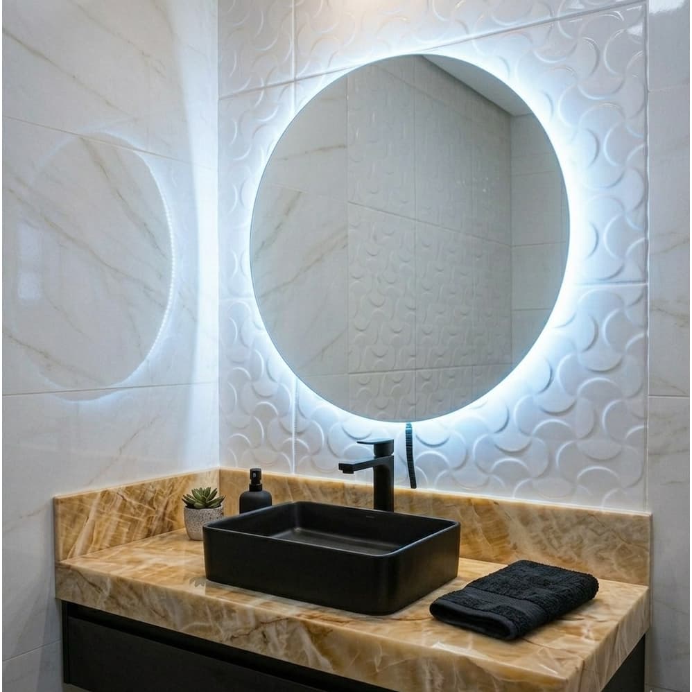 Espelho Redondo 40Cm X 40Cm Lapidado com LED À PILHA ou COM FONTE 12V Ambiente Moderno Decoração