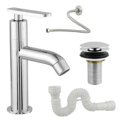 Torneira Bancada Cromada Baixa + Válvula Click Inteligente+ Engate e Sifão Flexível Universal