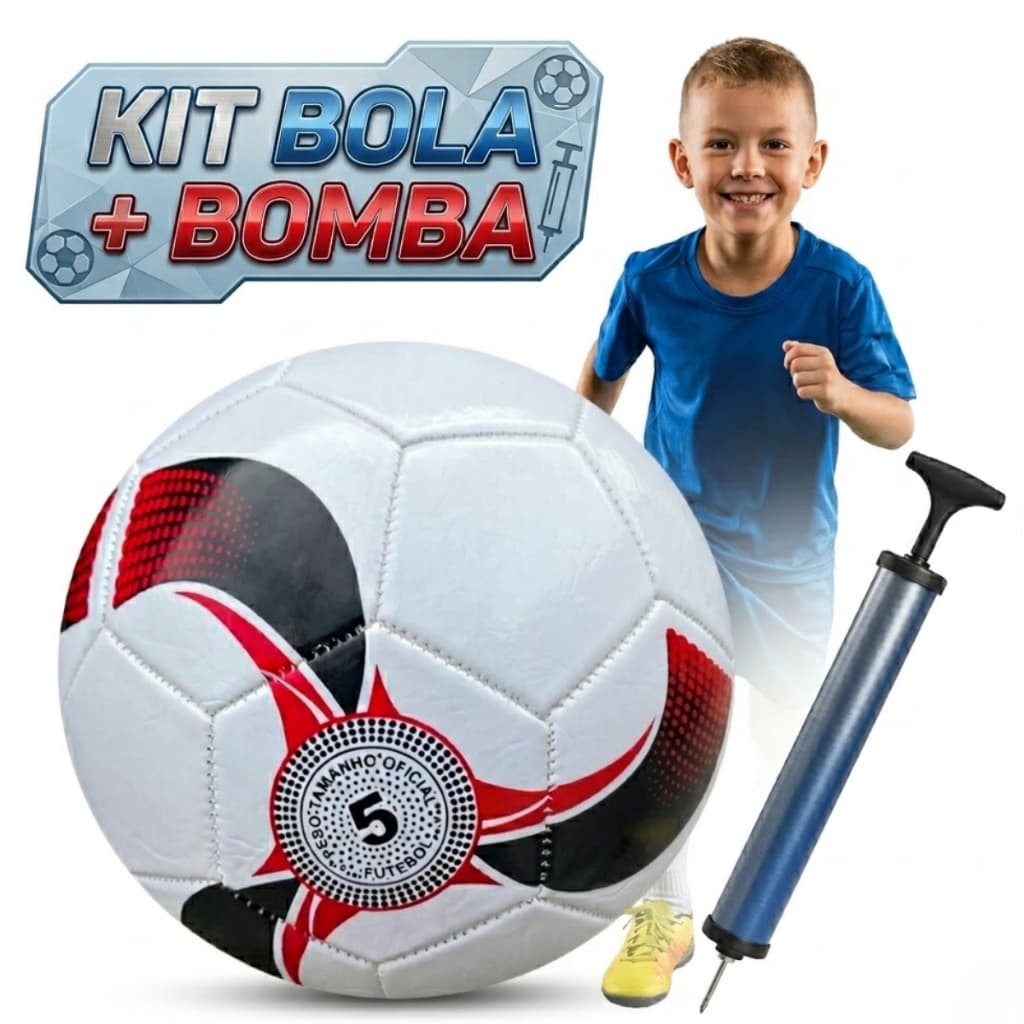 Kit 2 Bola de Futebol +1Bomba de Ar Manual Portátil Para Encher Bola Tamanho Oficial Couro Sintético