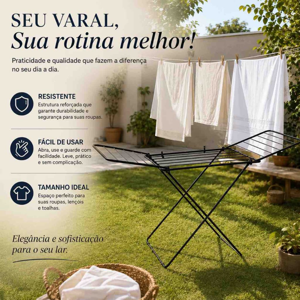 Varal De Chão Ajustável Roupas Resistente Com Abas Aço Preto Capacidade 8Kg Secagem Rápida