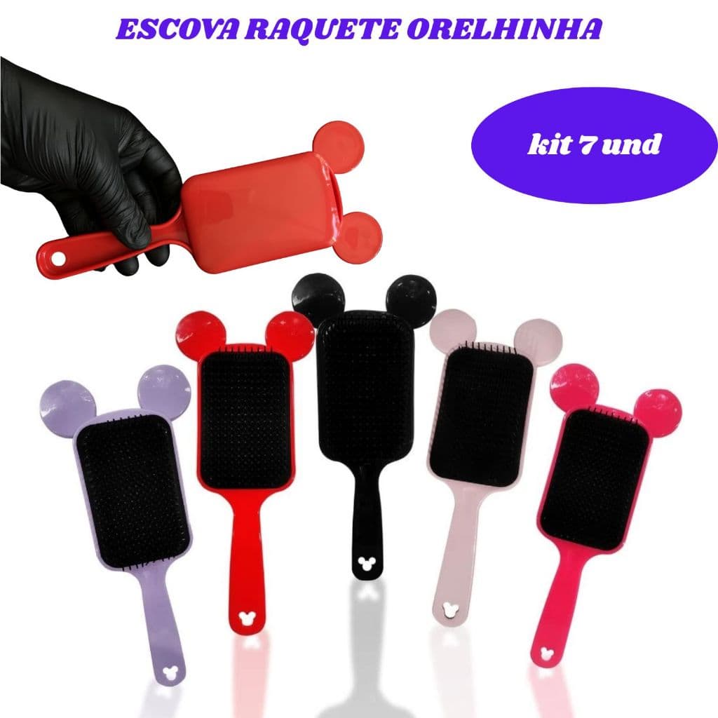 Kit Com 07- Escovas Raquete Flex Mickey Para Todos Os Tipos de Cabelos