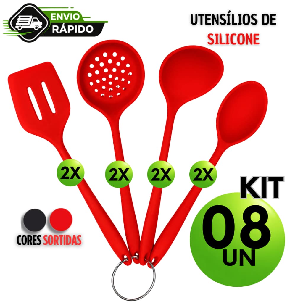 KIT 8 Utensílios de Cozinha Silicone  2X Concha, 2X Espátula Vazada 2X Colher e  2X Escumadeira