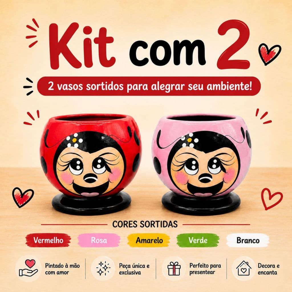 Vaso Cerâmica Joaninha Pintado À Mão - Porta Lápis, Pincéis E Suculentas - Organizador Criativo Deco