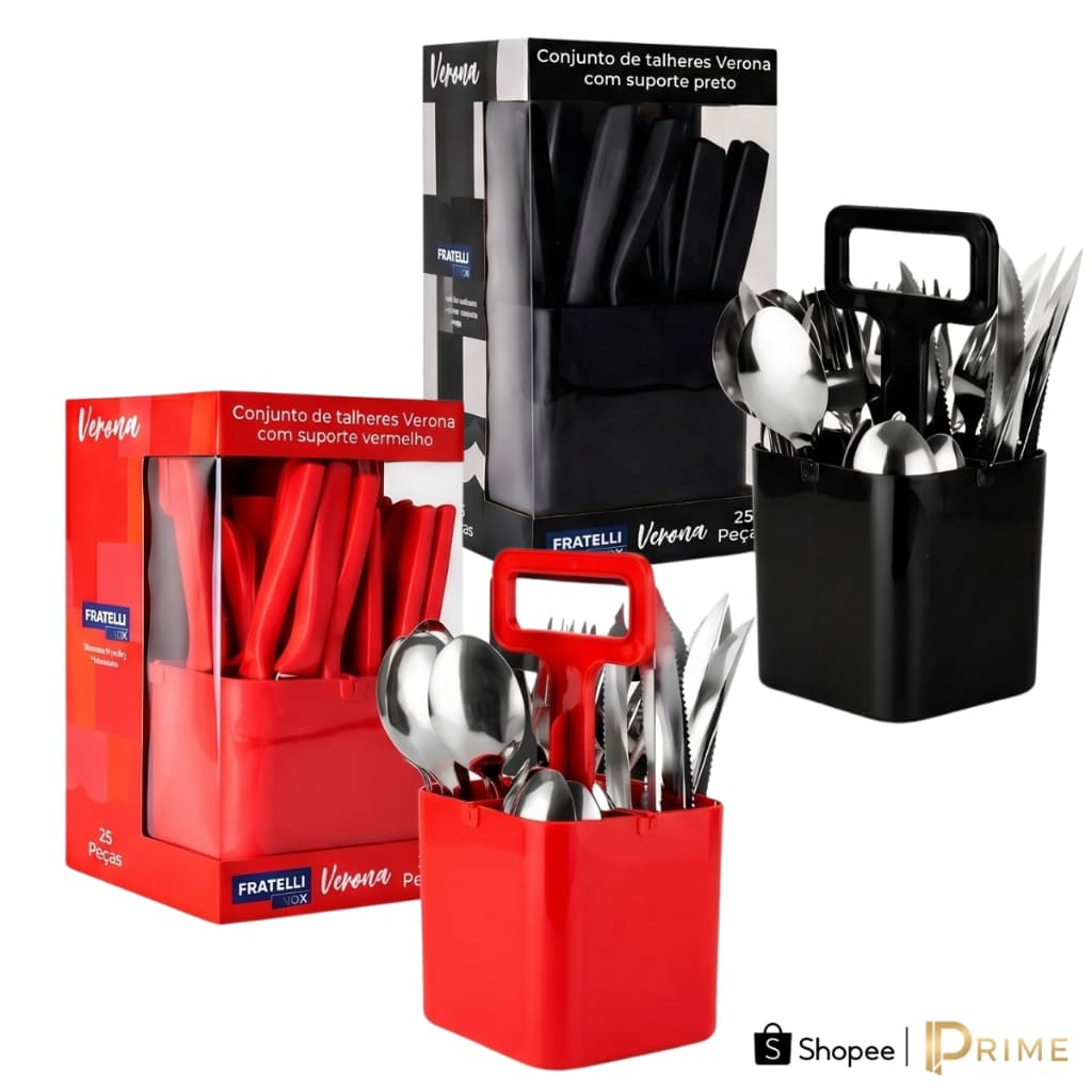 Conjunto De Talheres Verona Inox 25 Peças Com Suporte Organizador Preto Vermelho 🍴