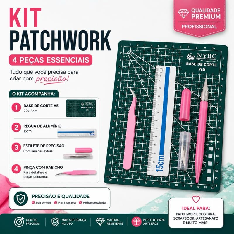 Kit de Corte Patchwork – Base A5, Régua, Estilete e Pinça
