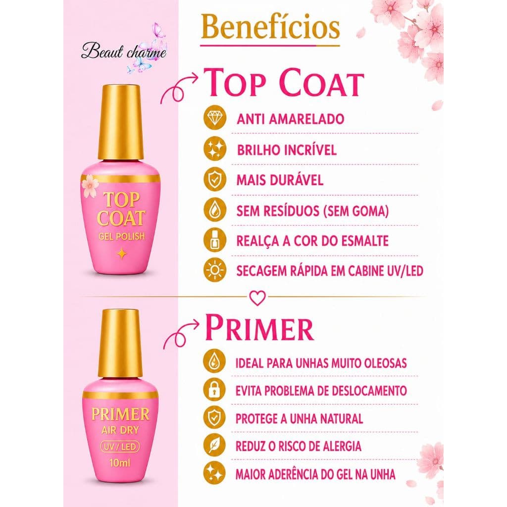 Top Coat e Primer Acido Prepardores para Unha Cout Manicure Finalizador Unhas