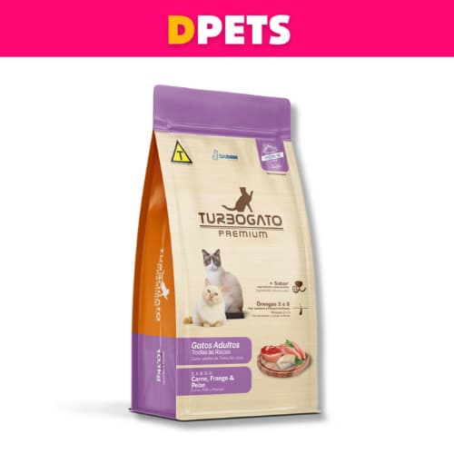 Ração Turbogato Premium Gatos Adultos 10kg Sabor Carne, Frango e Peixe