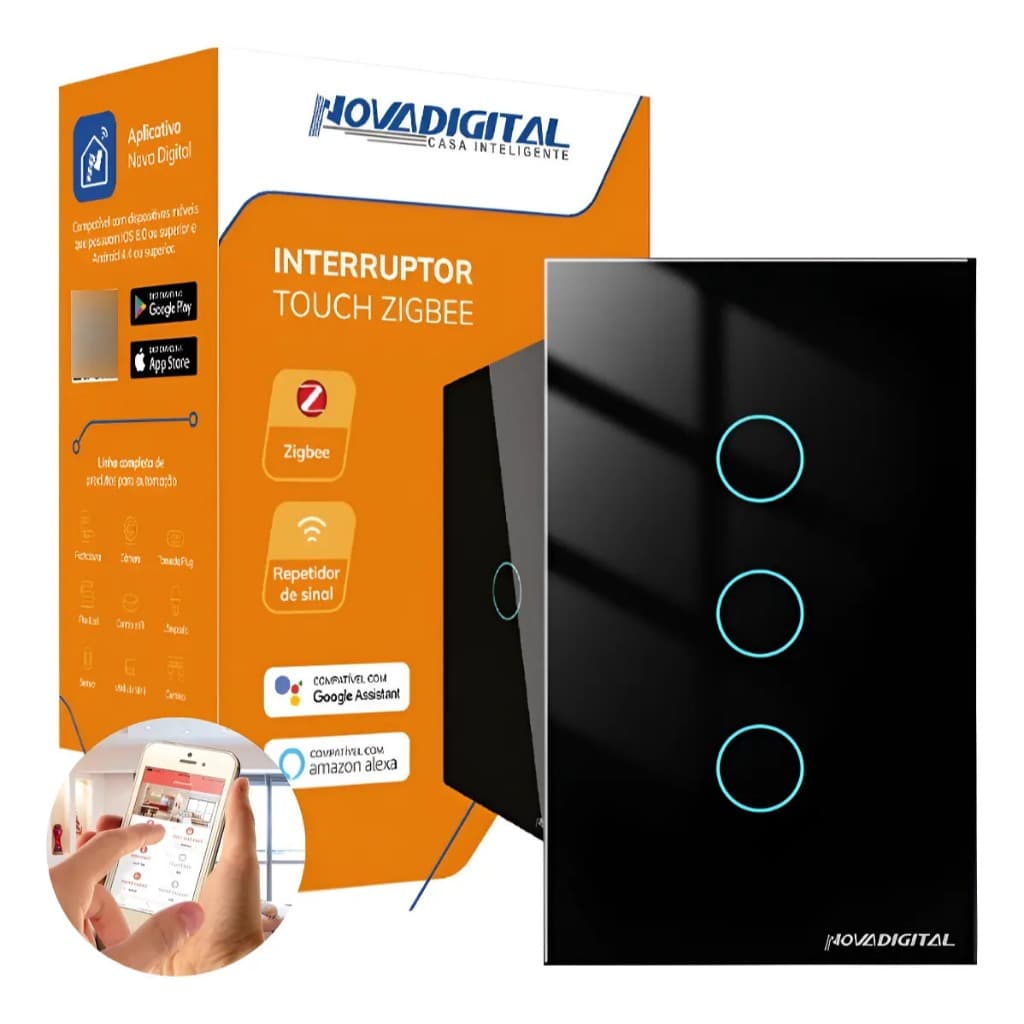 Interruptor Zigbee Inteligente 3 Botões Alexa Novadigital Branco Preto Original