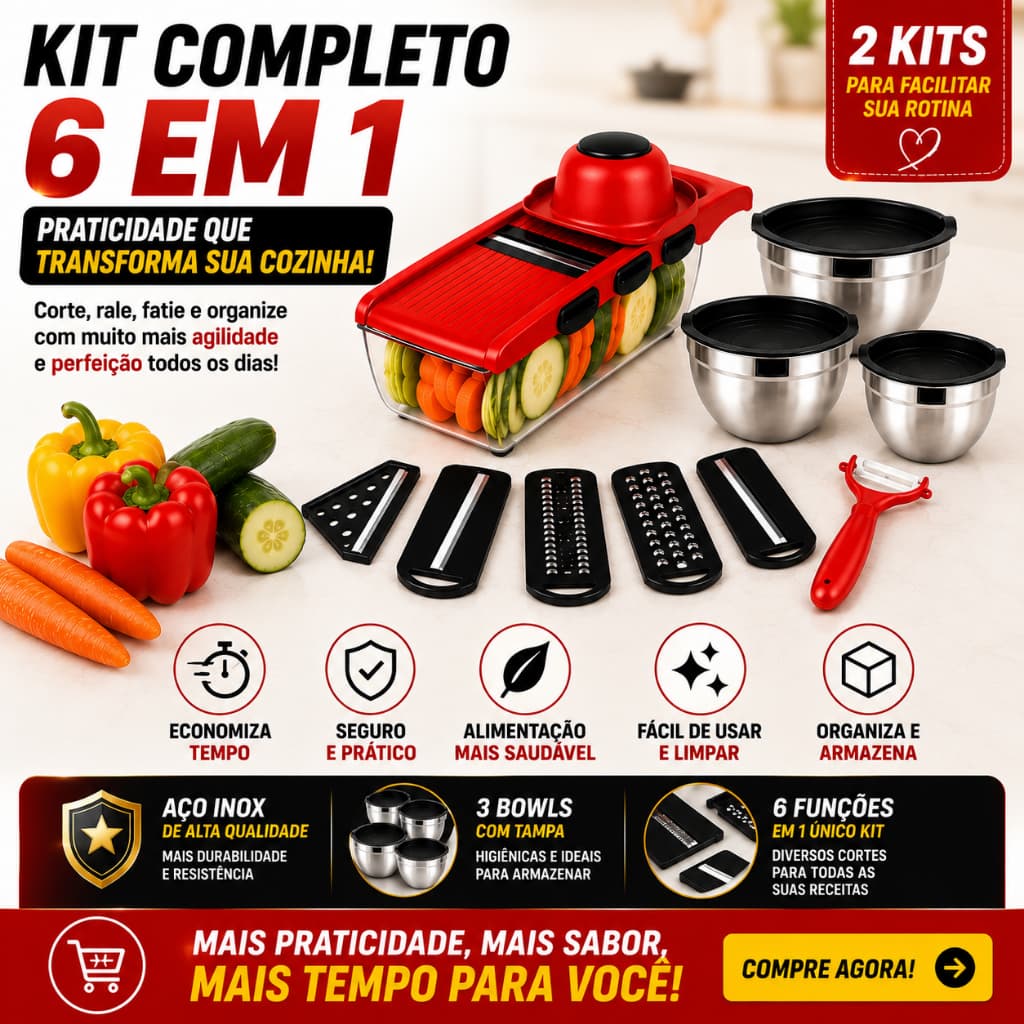 Kit Cortador de Legumes Multifuncional + Bowl Inox com Tampa Silicone Três Tamanhos