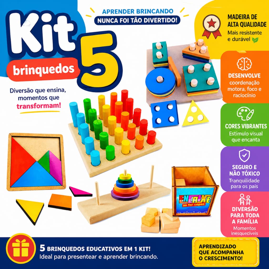 Kit 5 Brinquedos Sensoriais Infantil Madeira Educativo Pedagógico Montessori Autismo