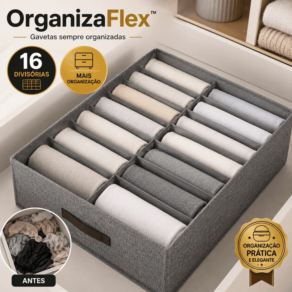 Organizador OrganizaFlex 16 Divisórias Multiuso Gaveta Closet Armário Cinza