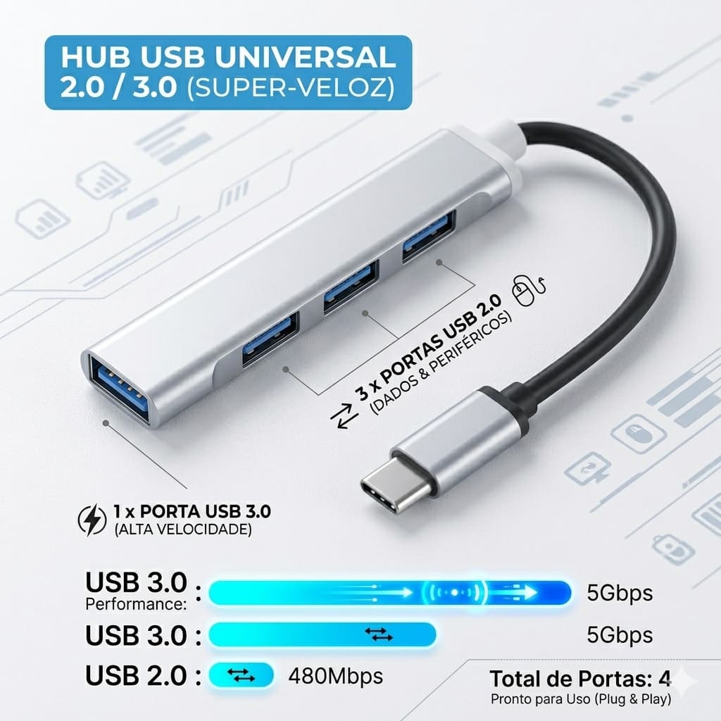 Hub USB 4 Portas Universal Plug Play Alta Transferência