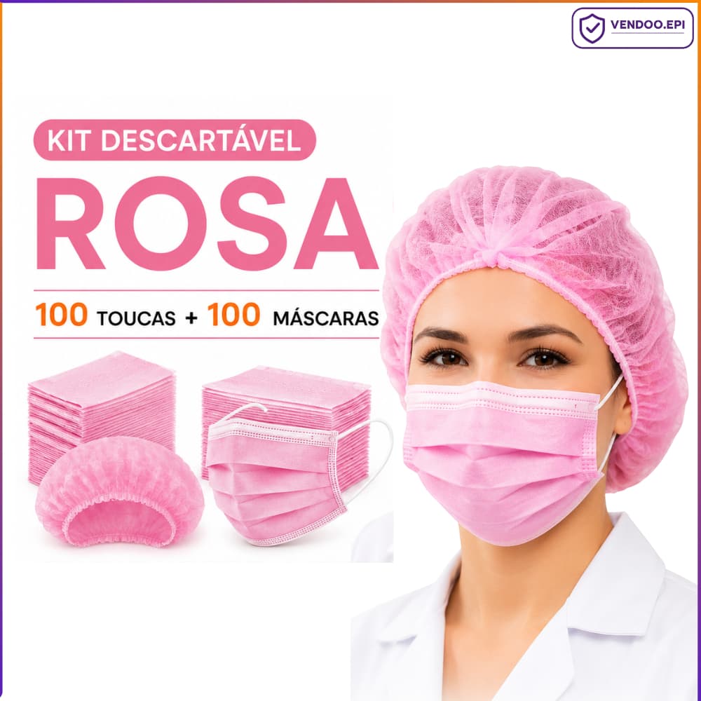 Kit Rosa 100 Toucas TNT e 100 Máscaras Descartáveis Tripla Camada