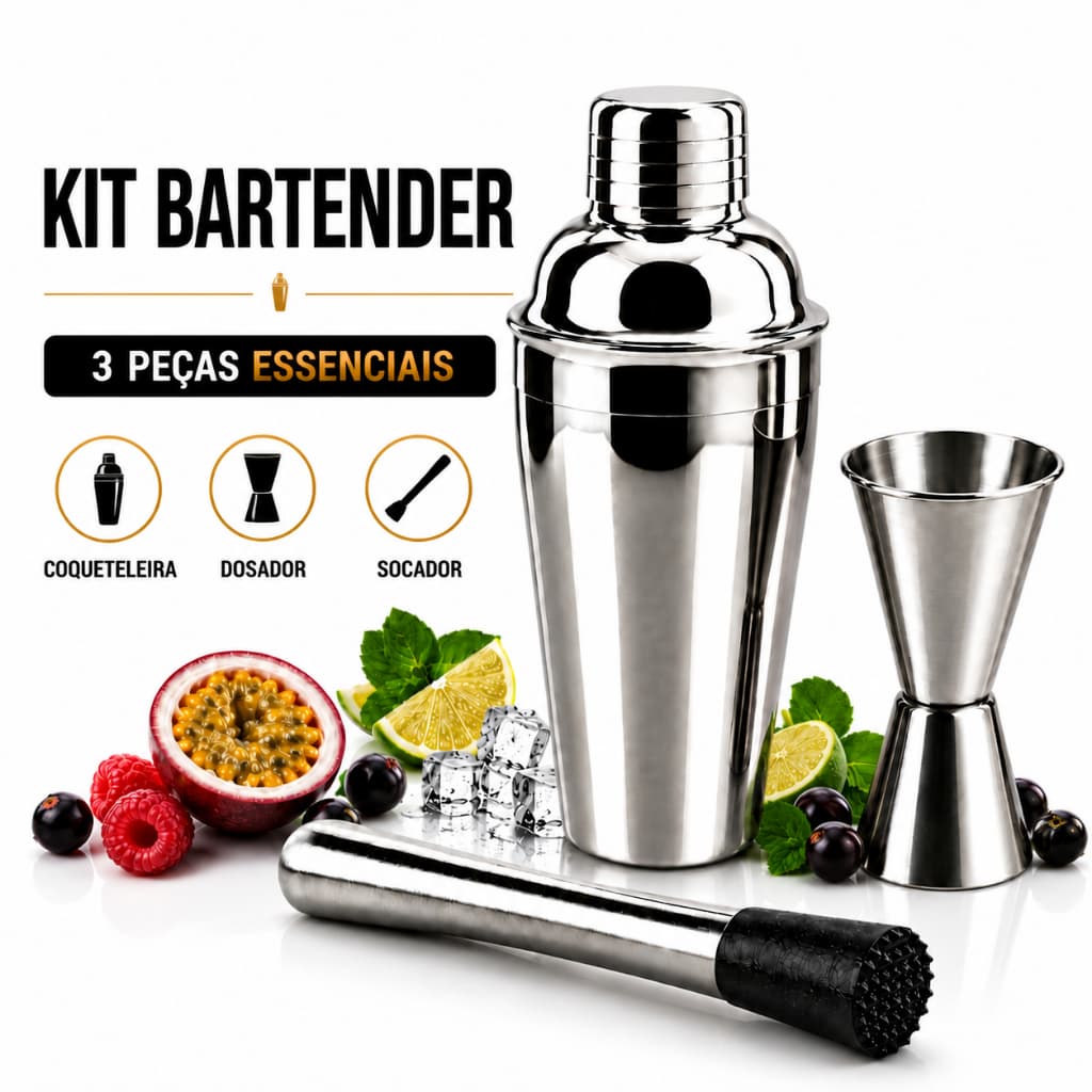 Kit Caipirinha Bartender 3 Peças Inox Coqueteleira 500ml Dosador 30/60ml Socador