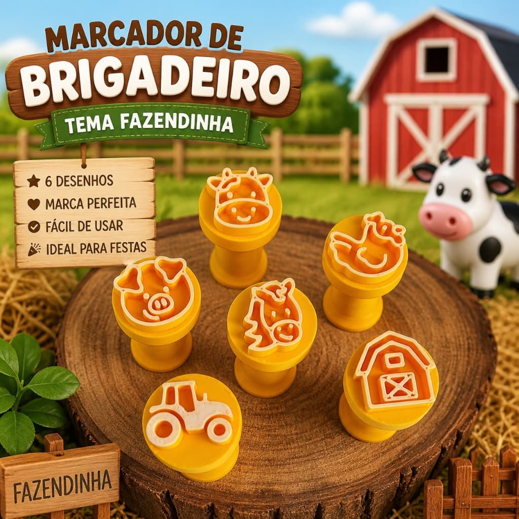 Marcador de Brigadeiro Fazendinha 6 Peças | Carimbos para Docinhos Tema Fazenda