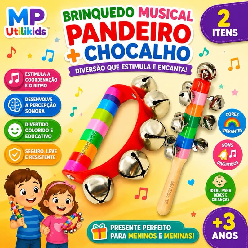 Brinquedo Infantil Musical Pandeiro Chocalho Criança Bebê Educativo 2 Itens Menino Menina NF