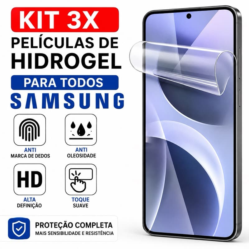 Kit com 3 Unidades Película Hidrogel HD Samsung Galaxy – Todos os Modelos A, S, M, Note, Ultra – Linha Completa