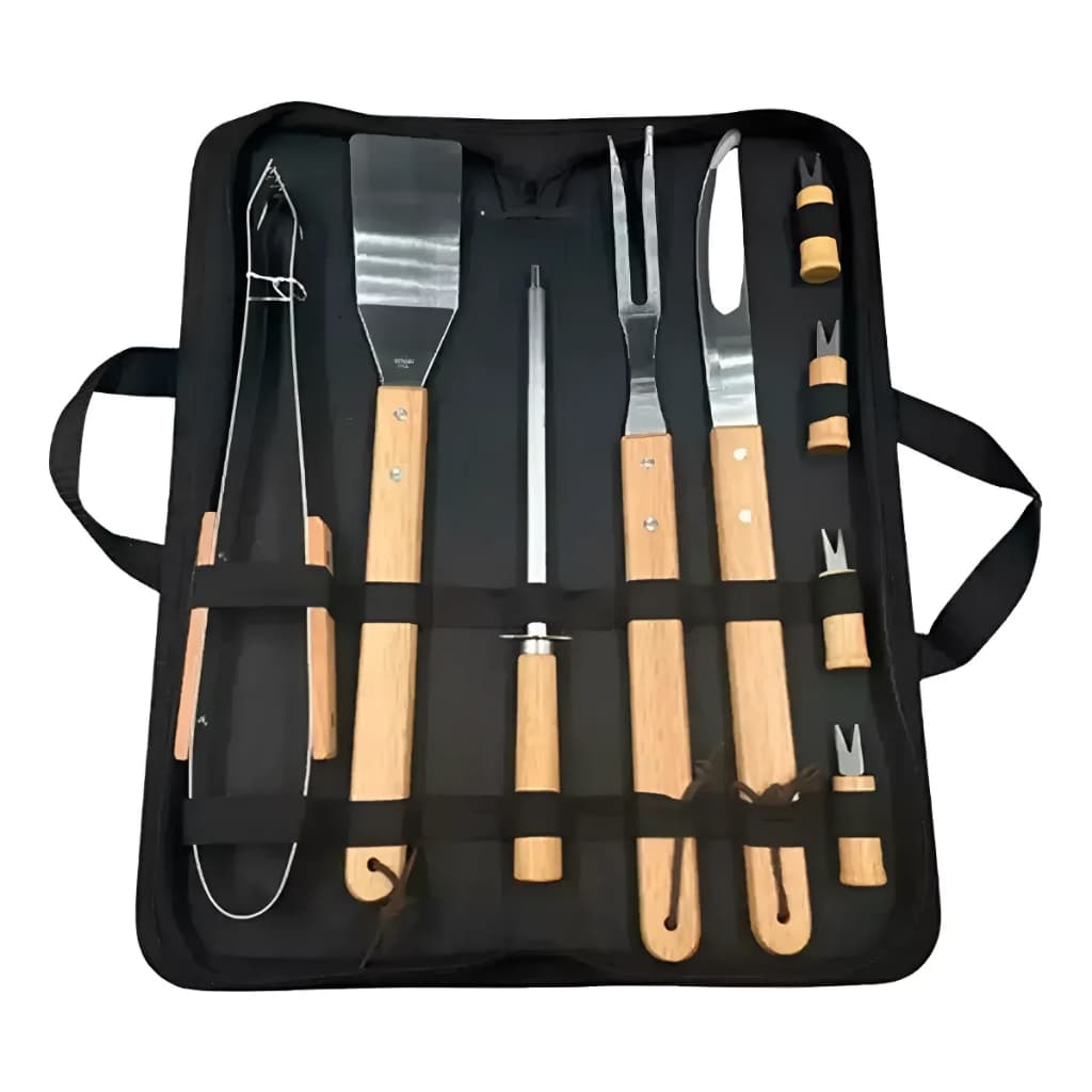 Kit Churrasco Inox 9 Peças Com Bolsa Organizadora Cabo Madeira
