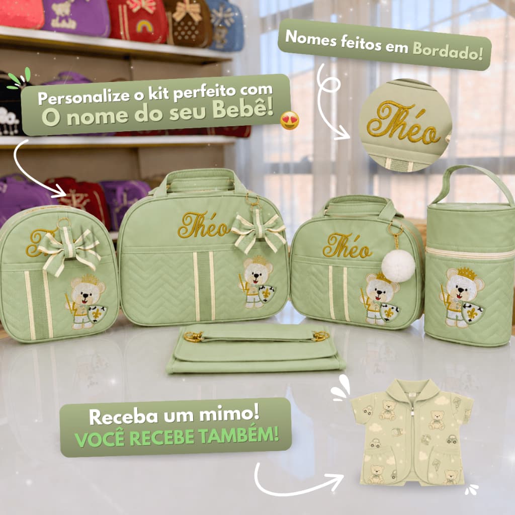 Kit Bolsa Maternidade Personalizado com Ursinho Escudo para Meninos com 5 peças