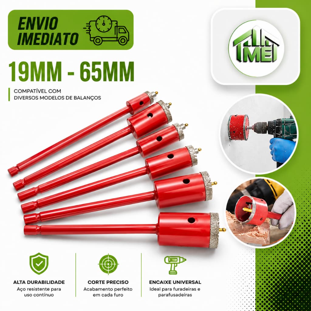 Broca Serra Copo Diamantada Para Concreto 19mm 25mm 30mm 35mm 40mm 45mm 53mm 60mm 65mm Profissional