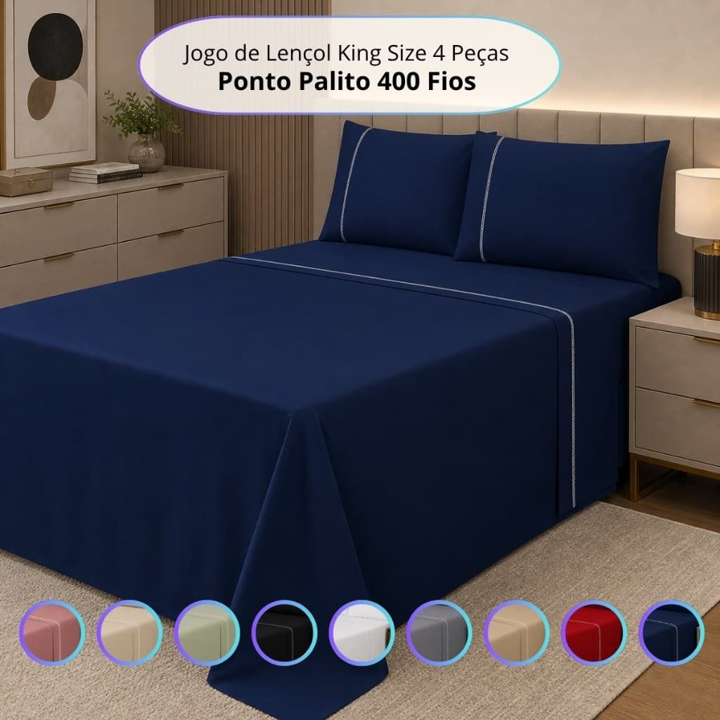 Jogo de Lençol King Size 400 Fios 4 Peças Completo Ponto Palito na Fronha e Lençol de Cima Toque de Seda
