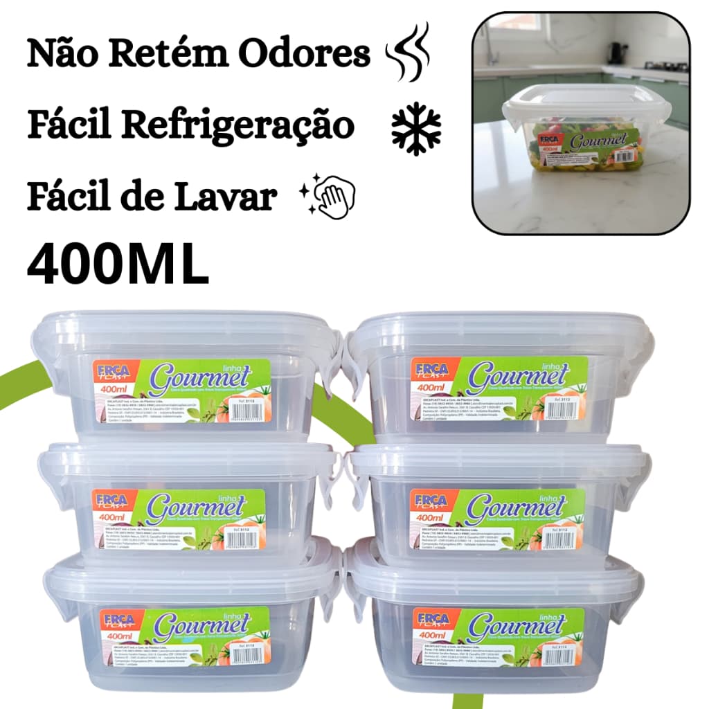 Kit 6 Pote Marmita Hermético 400ml Quadrado Tampa com Trava Livre de BPA