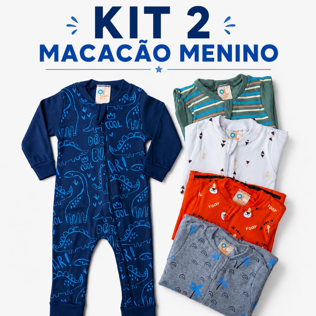 Macaquinho Bebê Menino com Zíper Kit 2 Peças Algodão P ao GG