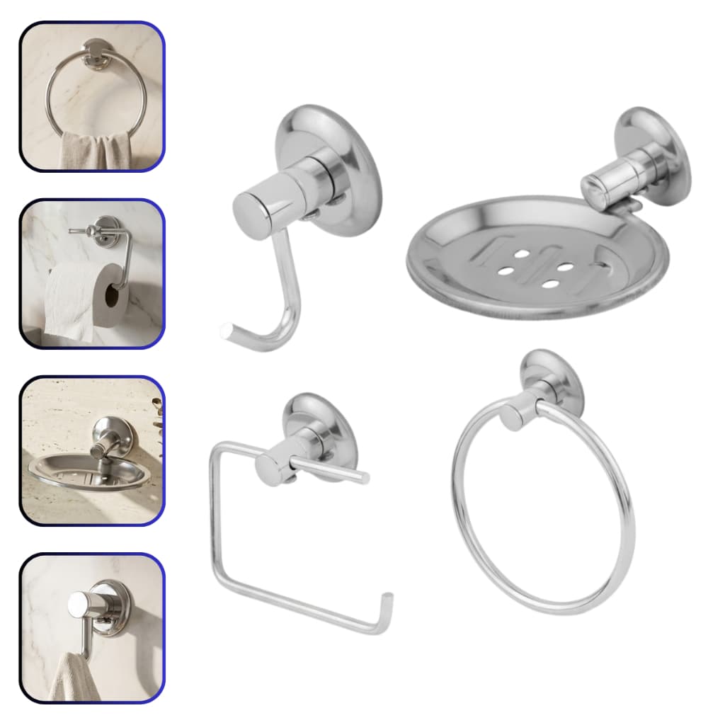 Kit Acessórios para Banheiro 4 Peças Alumínio Inox Porta Papel Higiênico Saboneteira Cabide 1 Gancho