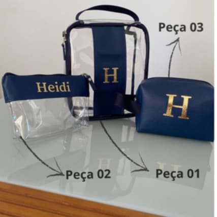 Kit Necessaires viajem Personalizado com nome ou inicial em variadas cores contendo 3 peças.