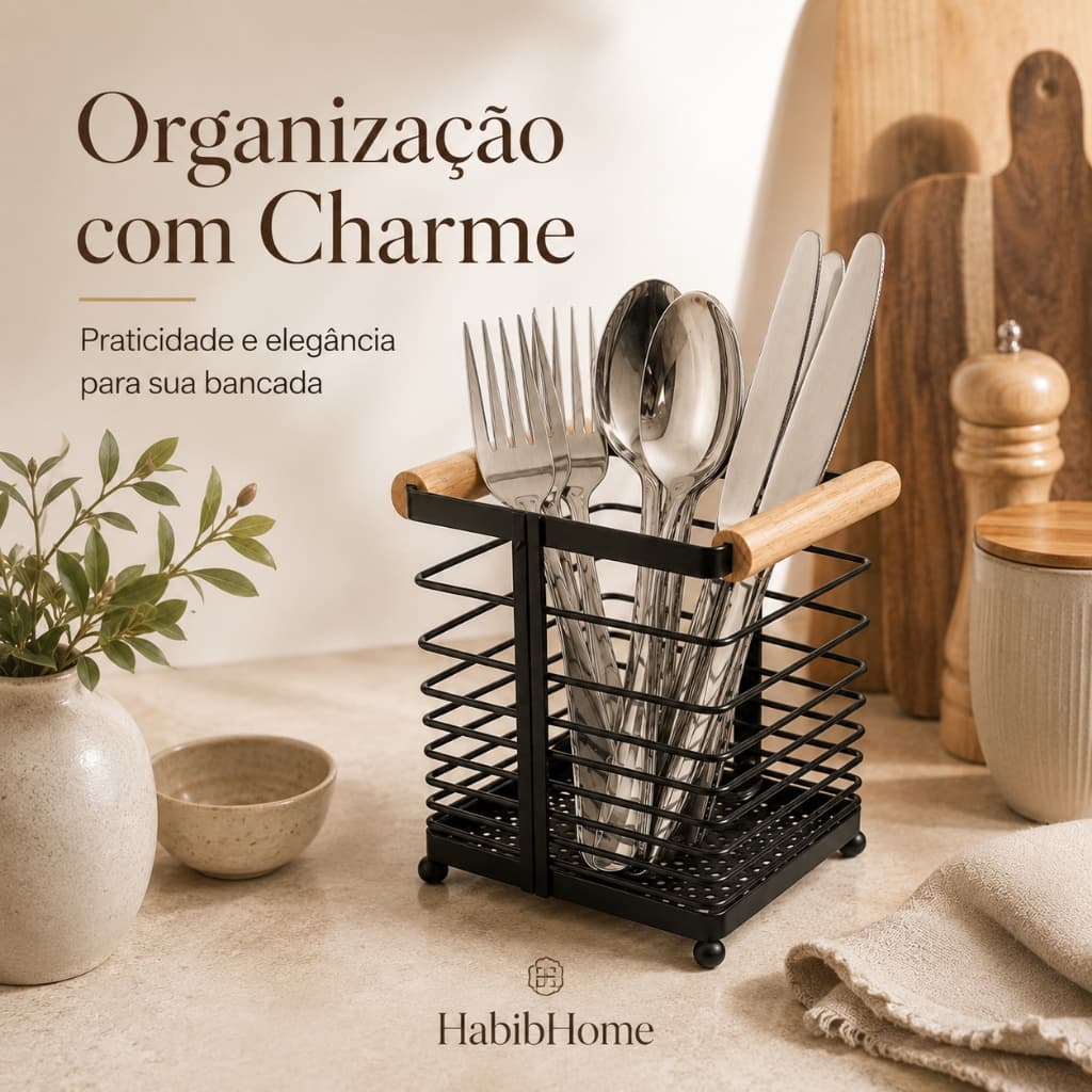 Porta Talher Madeira e Ferro • Organizador de Talheres para Cozinha, Mesa Posta e Churrasco Rústico