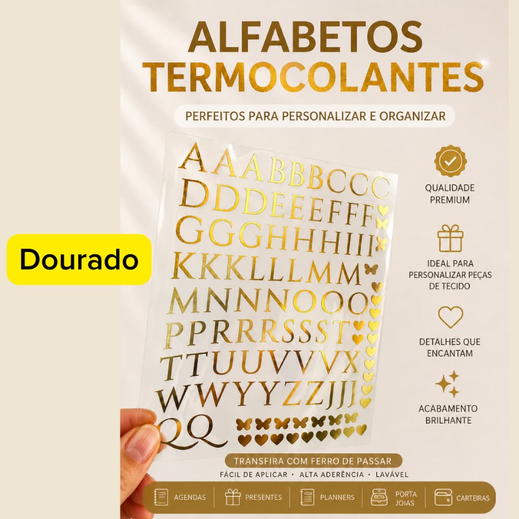 Cartela de Alfabetos Monograma Termocolante para Porta Joias Carteiras Casamentos Metalizados Ferro de Passar