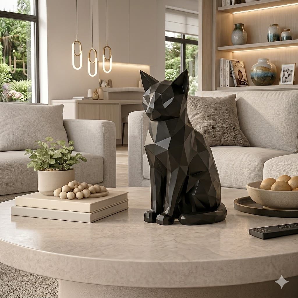Escultura Gato Low Poly Decorativo Impressão 3D PLA Moderno Sala Mesa Estante 15cm 12cm