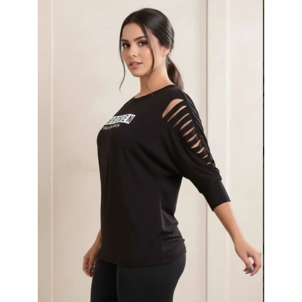 Blusa Feminina Manga Morcego 7/8 Salladamista Preto Retalhada