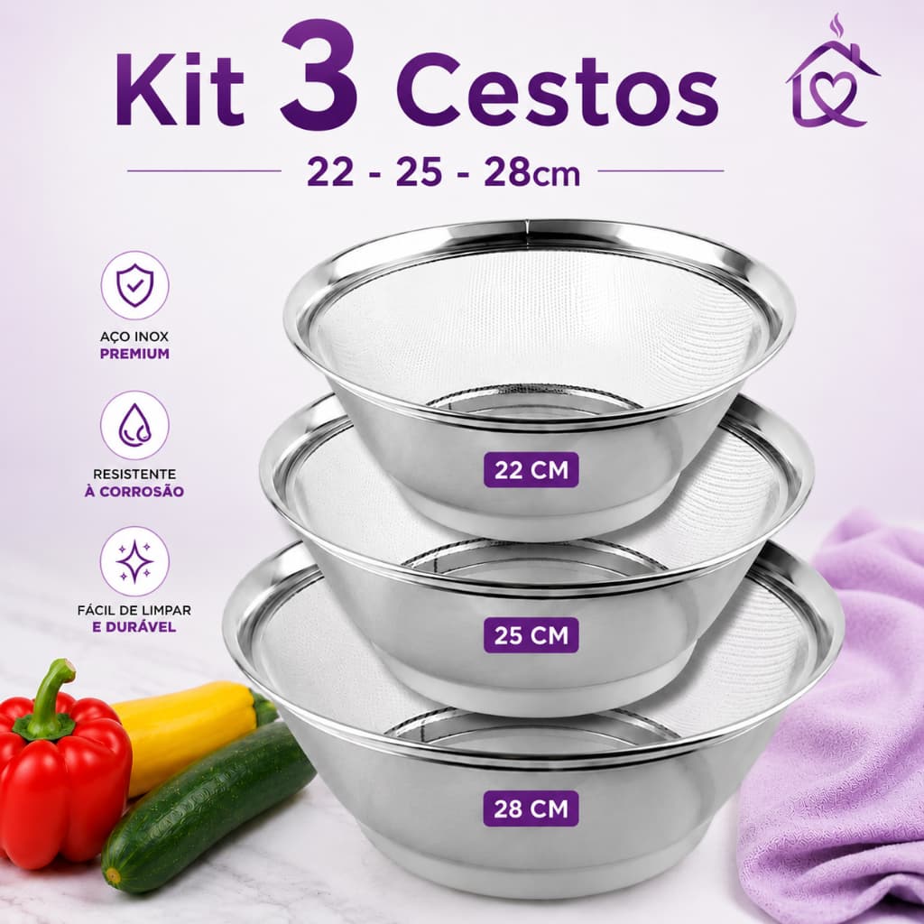 Jogo 1 ou 3 Cestos Inox Escorredor 22 25 28CM Resistente Lava Alimentos Arroz Legumes Frutas Massas