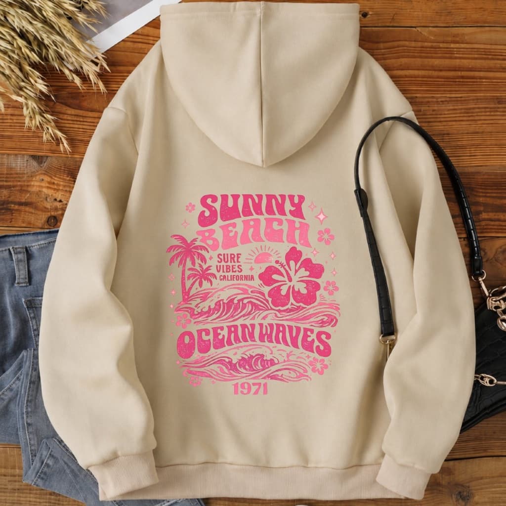 Moletom Canguru feminino Estampado Quentinho Flanelado Sunny Beach Rosa Estiloso  Floral Praia Surf Waves Retrô