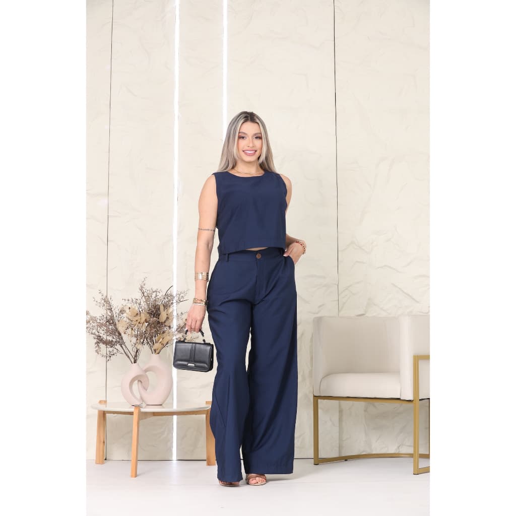 Conjunto feminino Alfaiataria Premium casual pantalona com bolso blusa sem manga