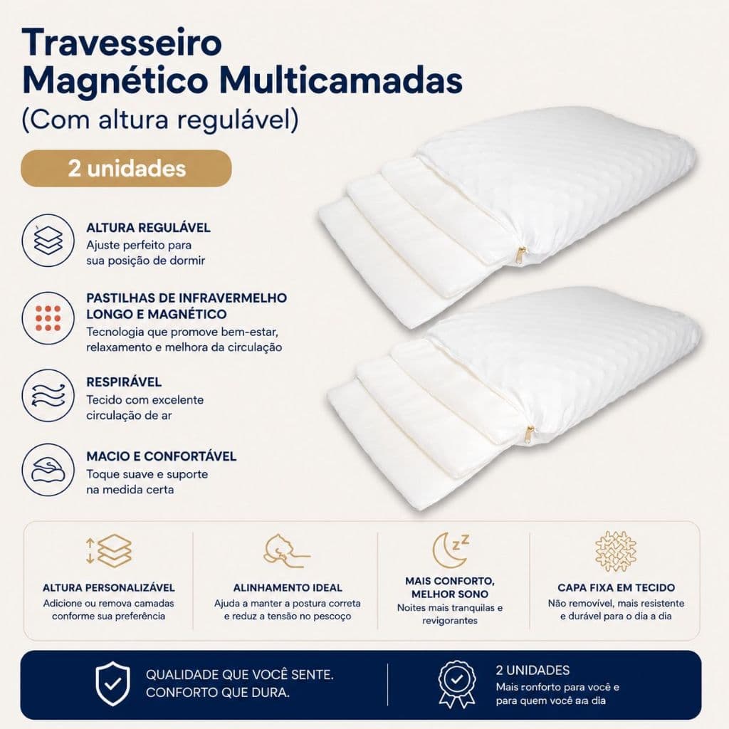 Kit 2 travesseiros ortopédicos altura regulável com magnético e infravermelho longo auxilia na dor no pescoço