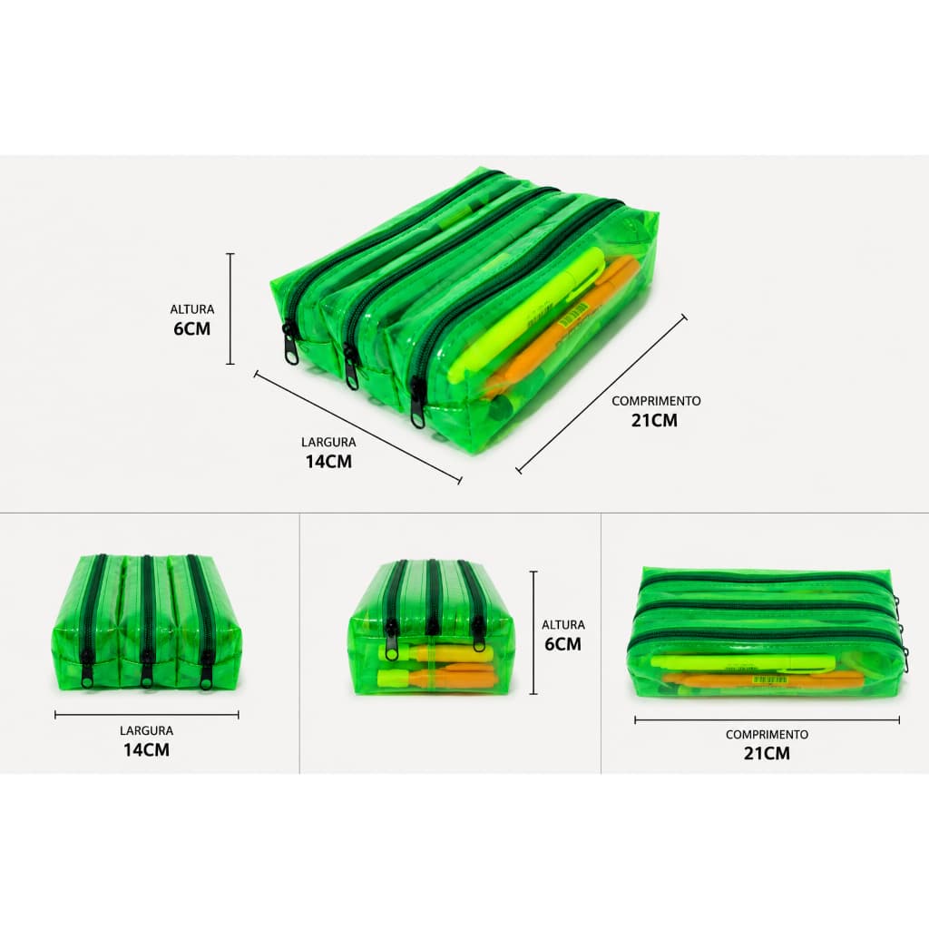 ESTOJO TRANSPARENTE 3 REPARTIÇÕES CRISTAL VERDE NEON ESCOLAR PARA LÁPIS