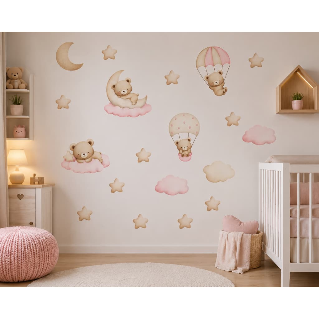 Kit  18 Adesivos  Ursinhas Sonhadoras Rosa Bebê | Decoração Quarto Infantil Feminino