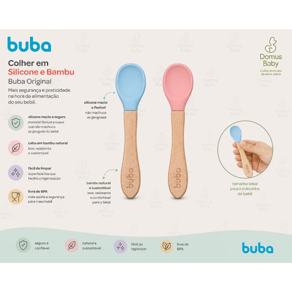 Colher Infantil Buba Silicone e Bambu Introdução Alimentar