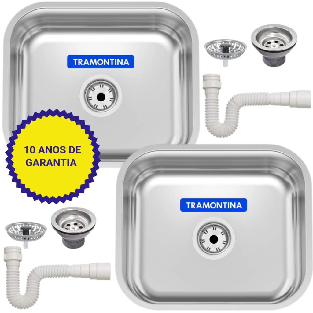 Cuba Pia Cozinha Tramontina Inox 40x34 Fosca Bacia Bojo Combo 2 Peças Com Válvula e Sifão