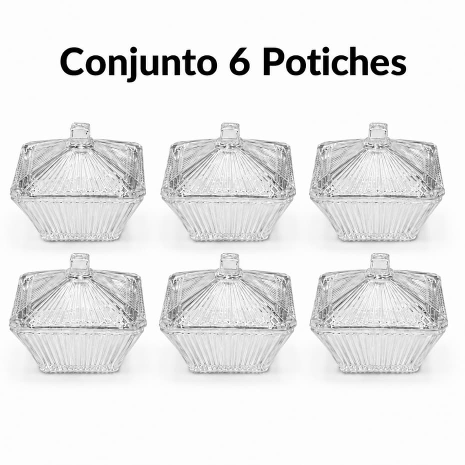 Conjunto 6 Peças Potiche De Vidro Com Tampa Design Canelado Luxo Para Mesa E Organização