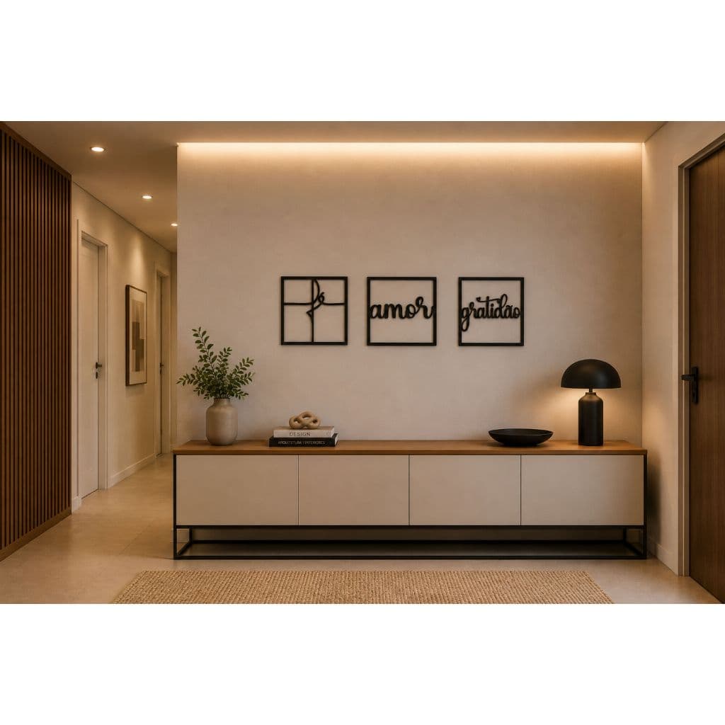 Kit 3 Quadros Decorativos Minimalistas MDF Fé Amor Gratidão, Modernos, Vazados